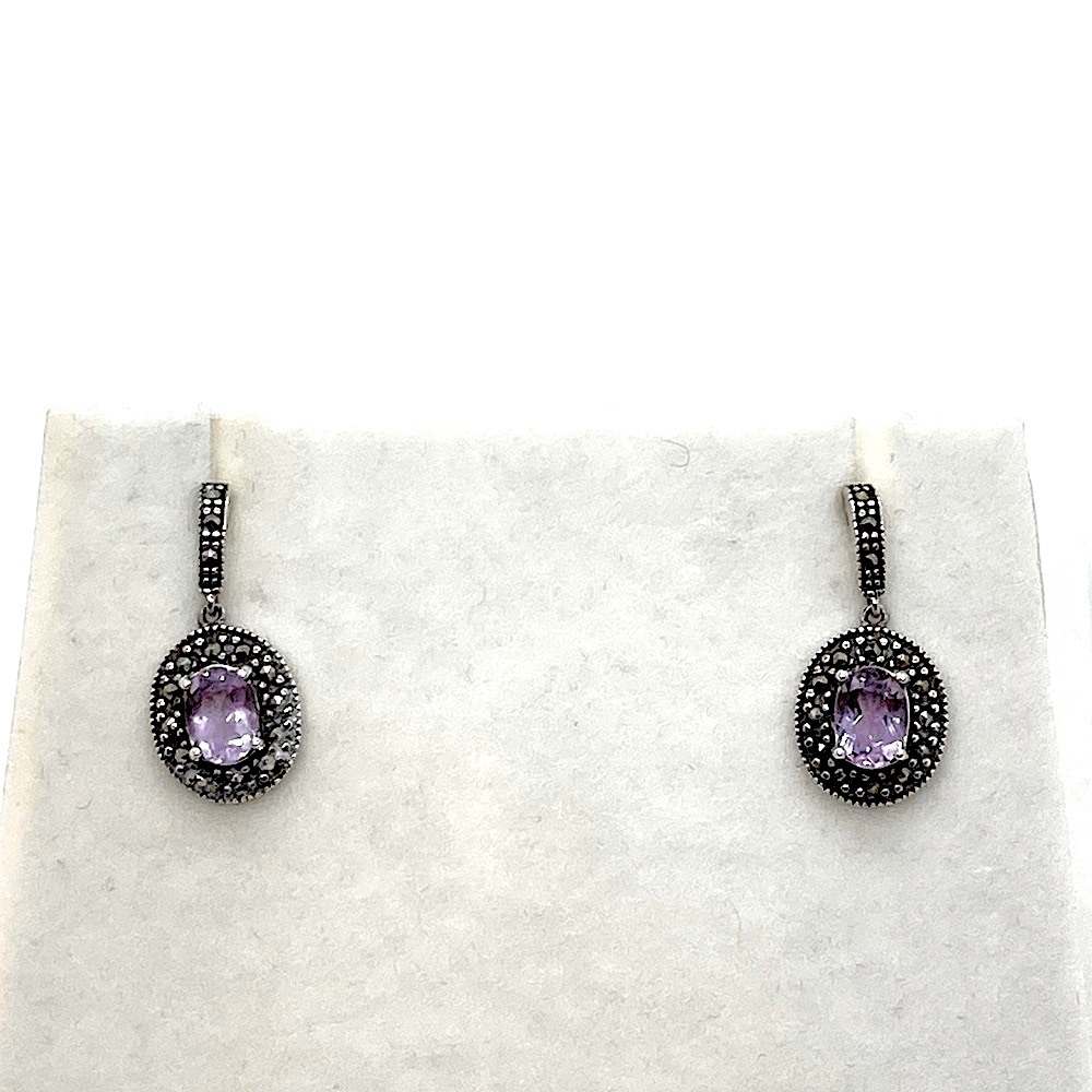Vtg Sterling Silver Amethyst & Marcasite Dangle Stud Post 925 Earrings | .9” L